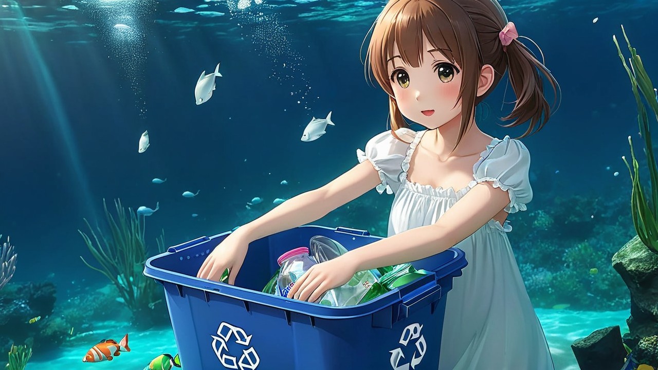 Young Girl Sorting Recycling Underwater with Fish