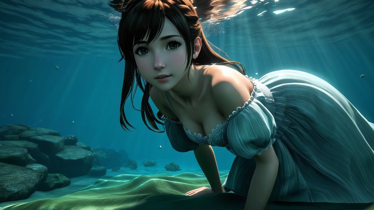 Young Woman in Vintage Dress Swimming Underwater