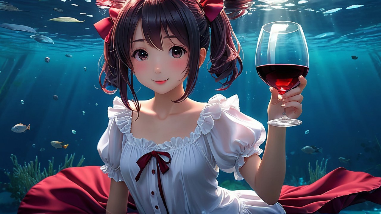 Young anime girl underwater with colorful fish