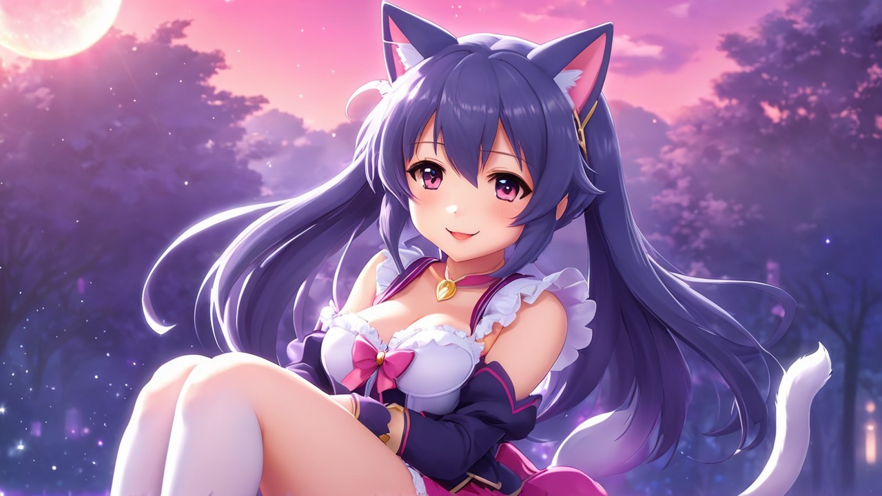Anime girl with cat ears in twilight setting