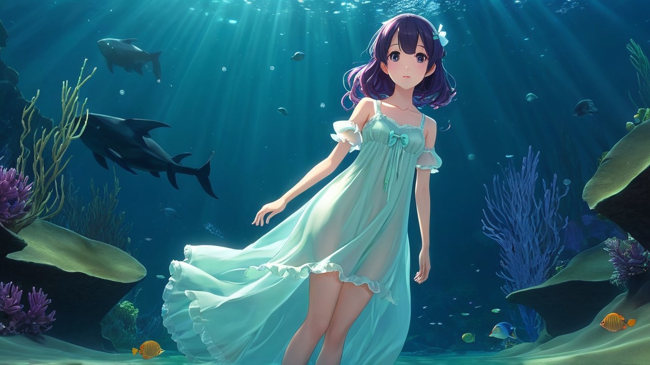 Young girl in blue dress surrounded by underwater life