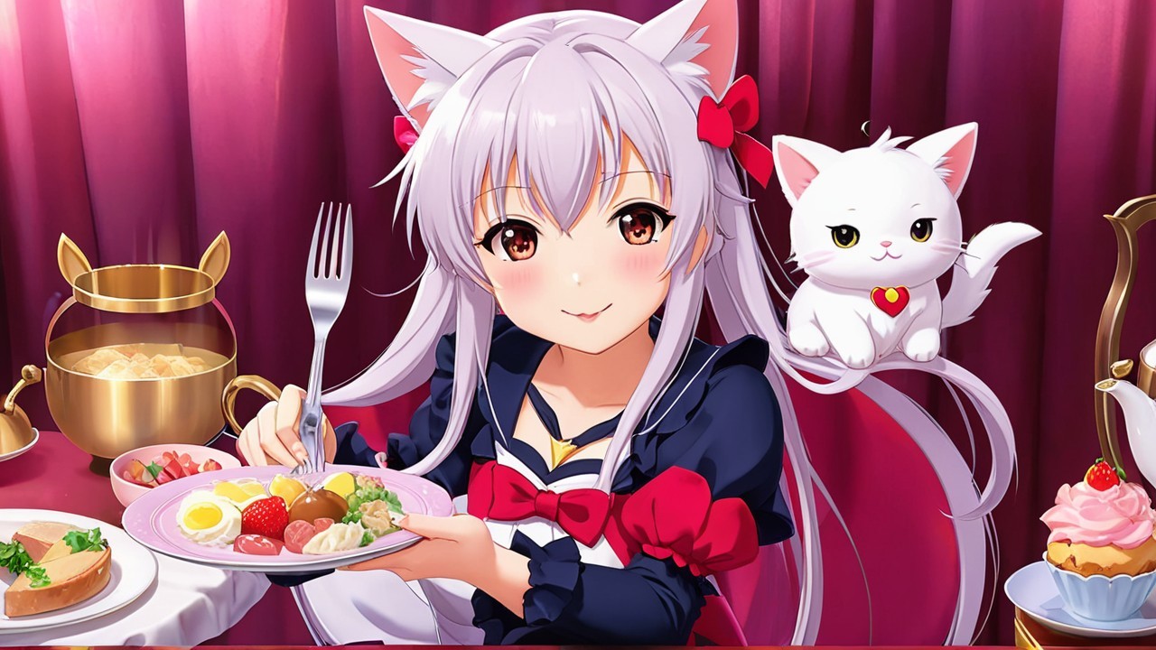Cheerful girl with silver hair at breakfast table