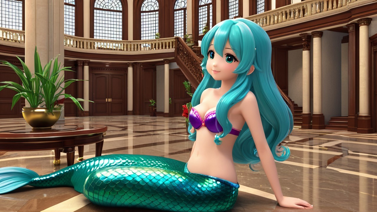 Vibrant Mermaid in Elegant Foyer with Natural Light