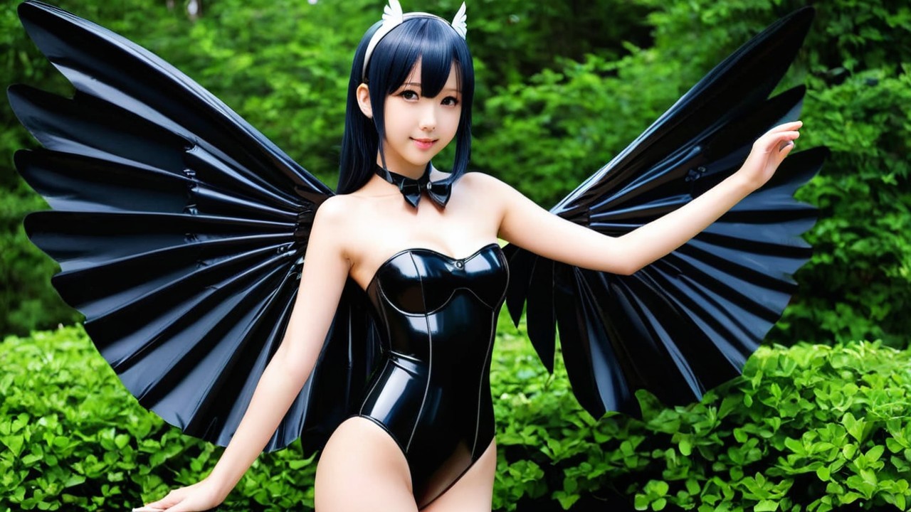 Character with Black Wings in Lush Green Setting