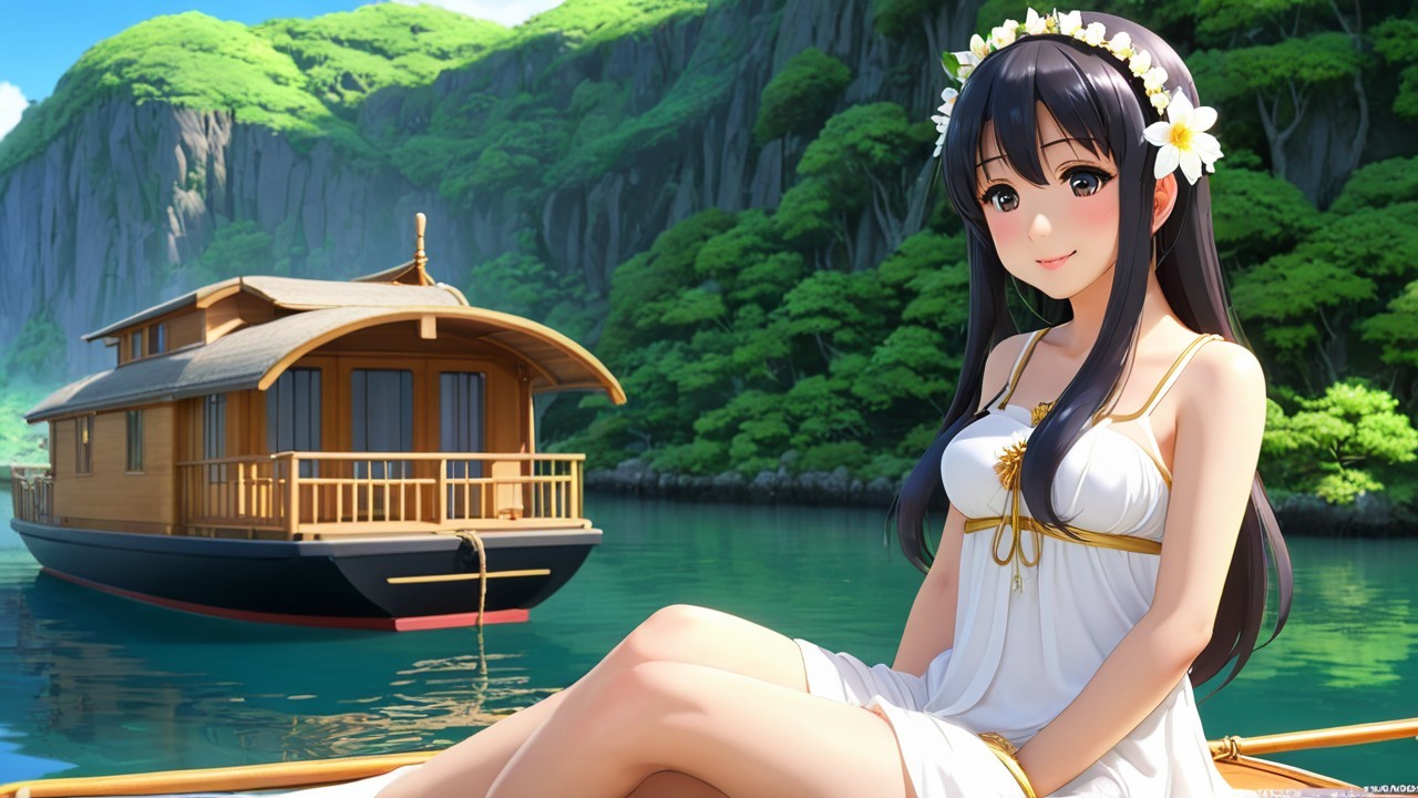 Young Woman in White Dress on Scenic Boat Setting