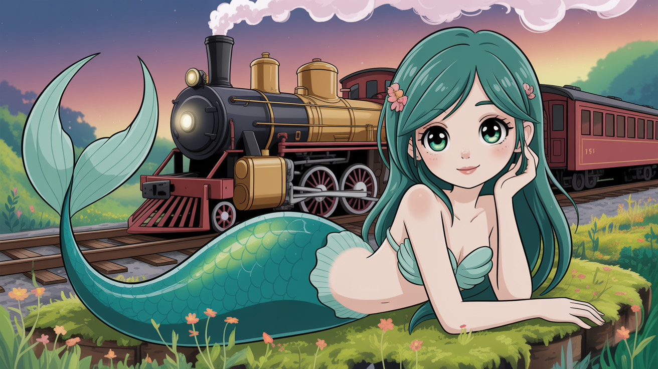 Animated Mermaid by Train Tracks at Sunset