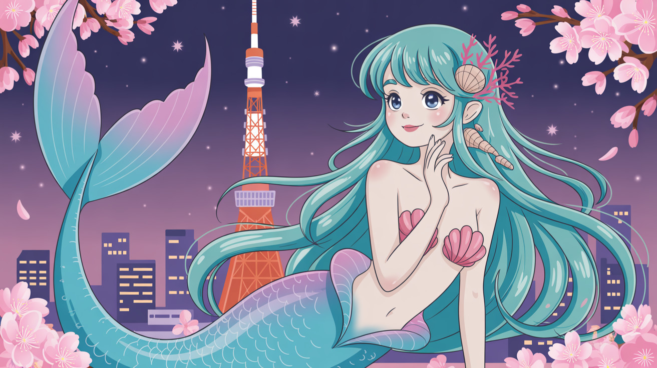 Anime Illustration of Mermaid with City Skyline Background