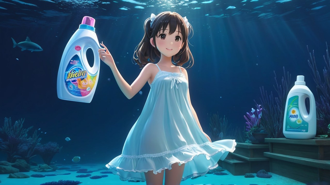 Underwater Scene with Young Girl and Detergent Bottles