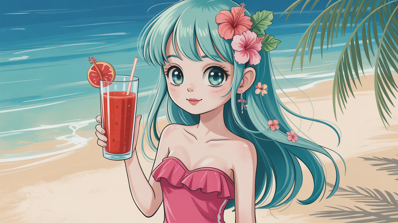 Anime-style beach scene with girl in pink swimsuit