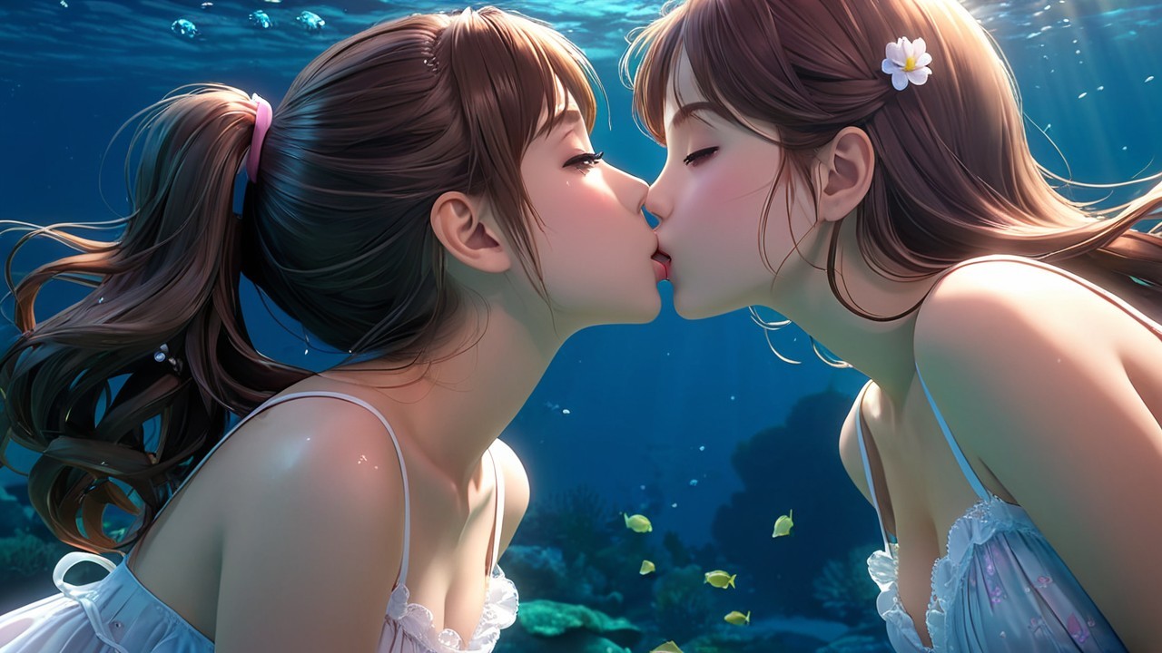 Underwater Scene of Two Women Sharing a Kiss