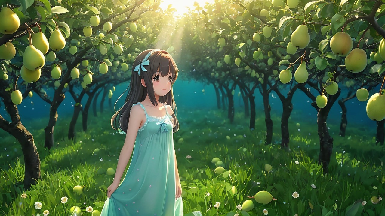 Young girl in blue dress in sunlit pear orchard