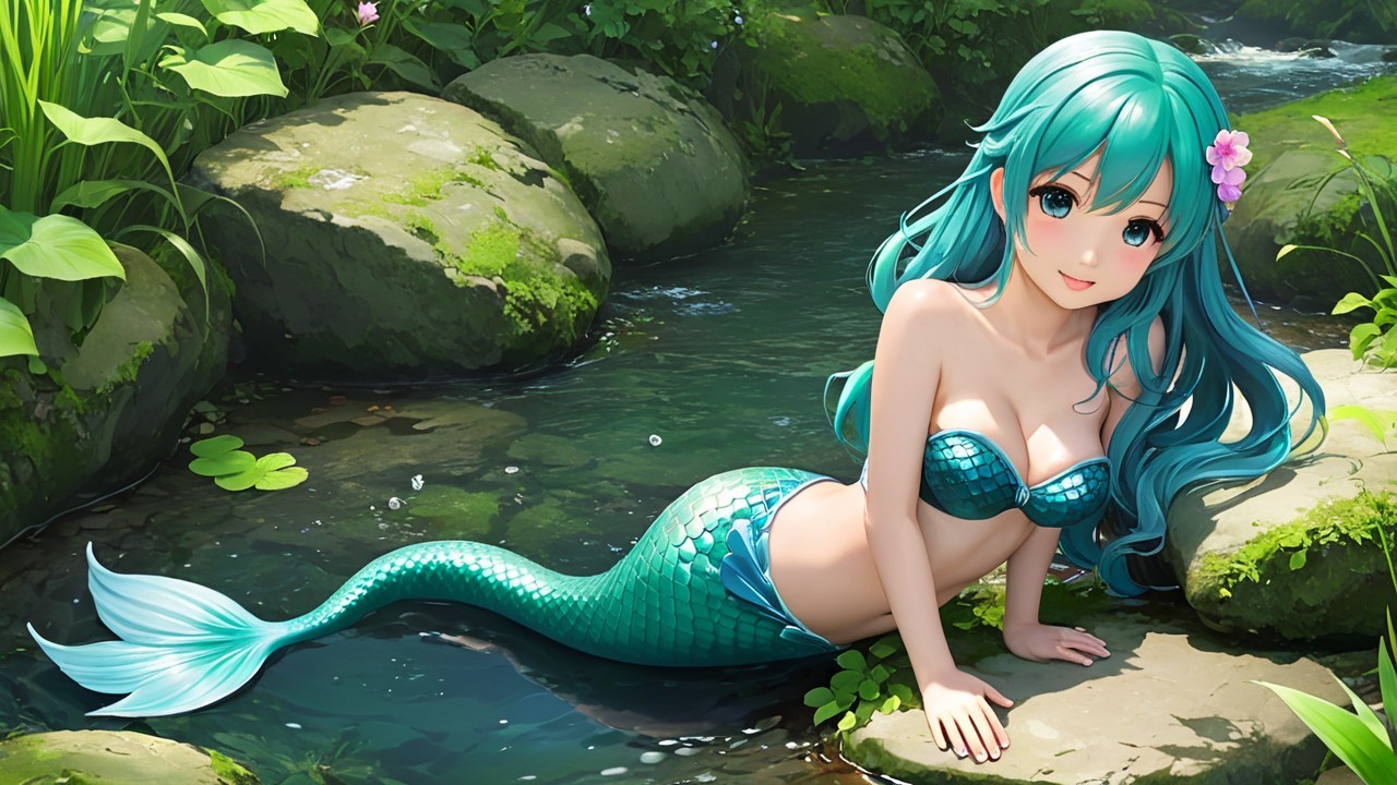 Cheerful Mermaid in a Whimsical Stream Scene