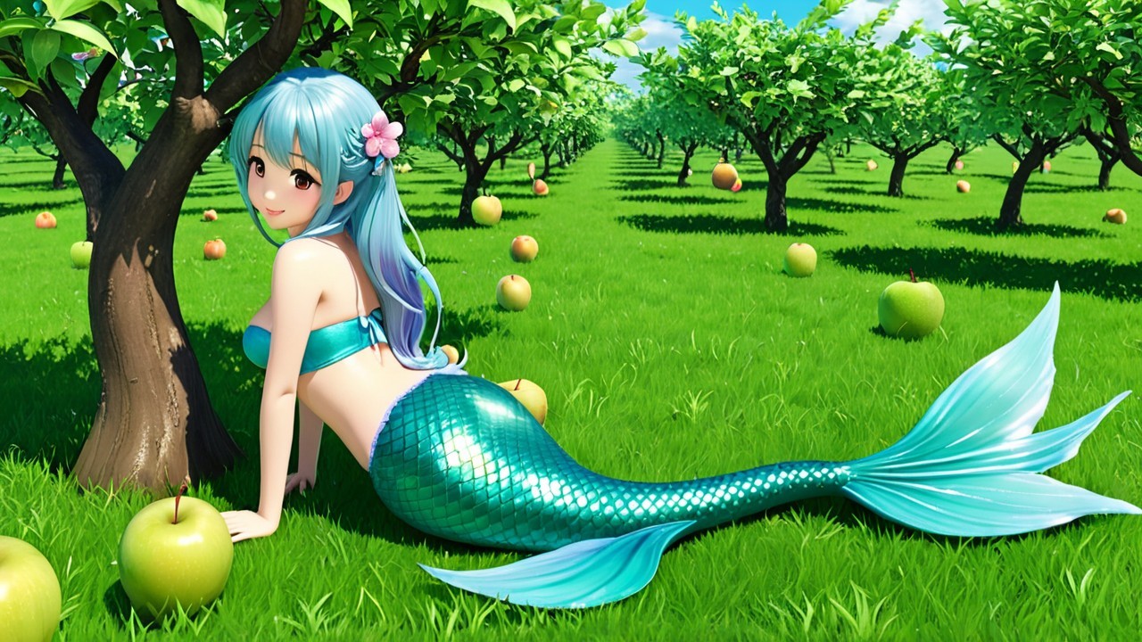 Mermaid in a Playful Apple Tree Scene