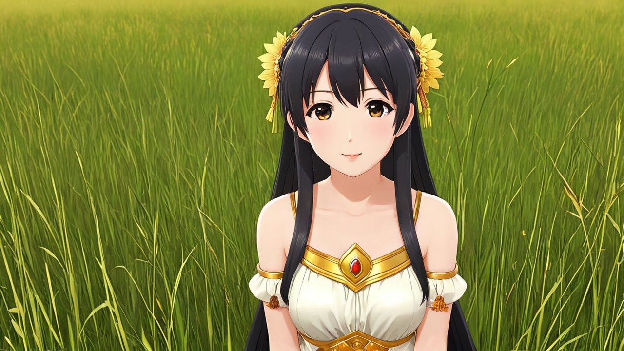 Young Woman in Floral Attire in Lush Green Field