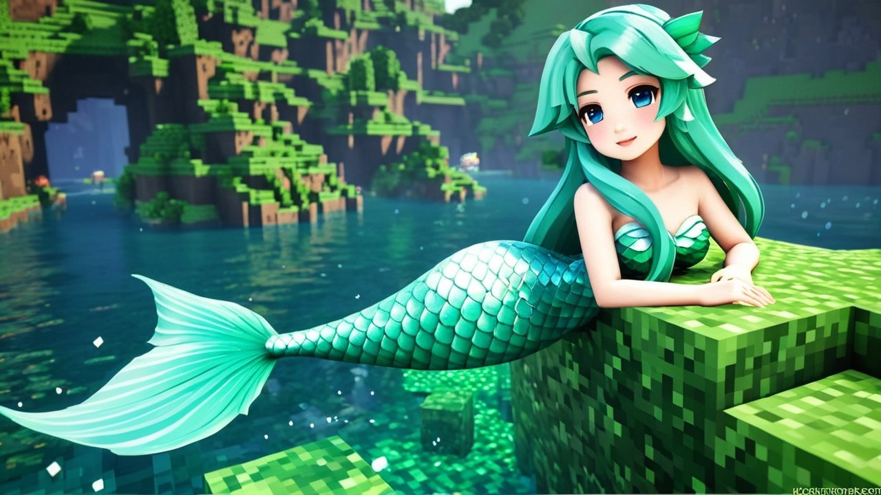 Vibrant Animated Mermaid in Minecraft-Inspired Scene
