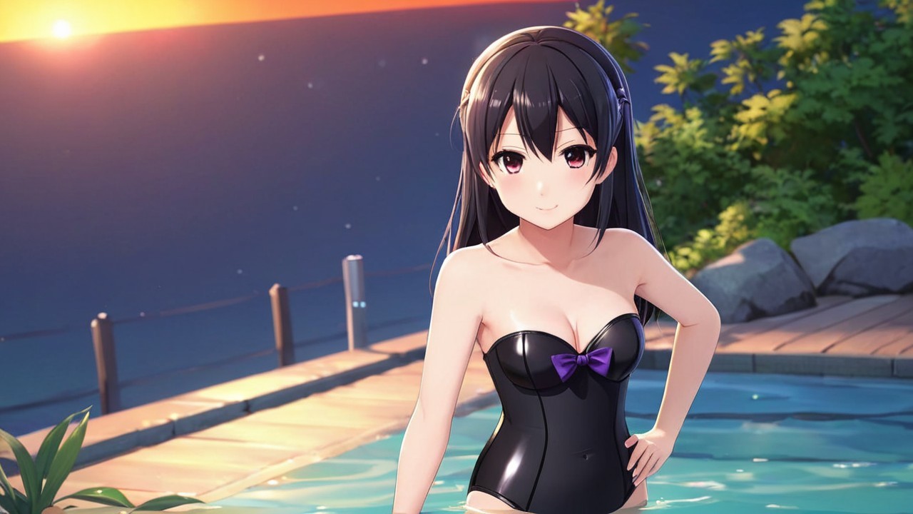 Character in Black Swimsuit at Sunset Poolside Scene