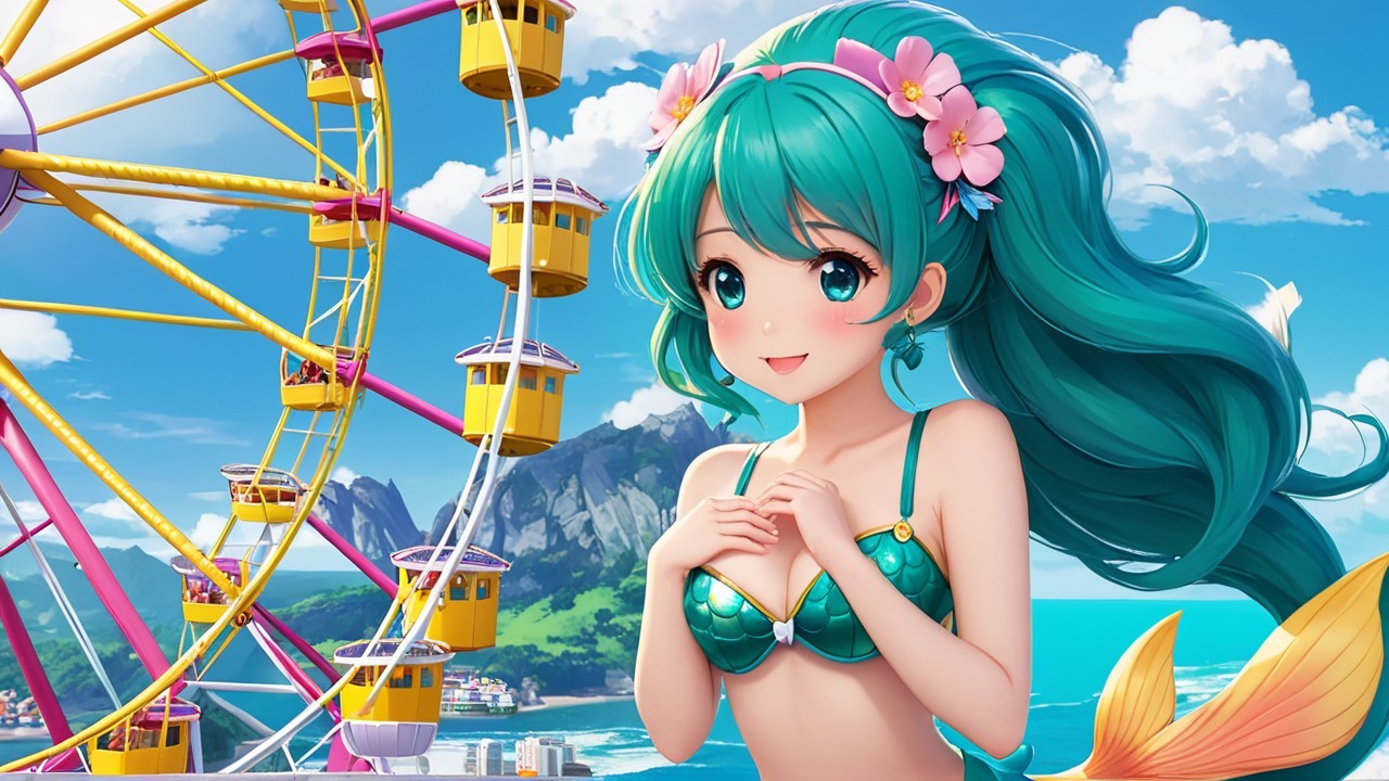 Cheerful Anime Girl with Mermaid Tail at Ferris Wheel
