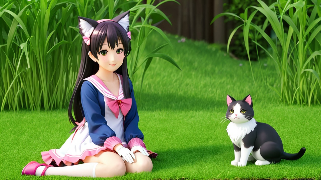 Cheerful anime girl with cat ears in serene setting