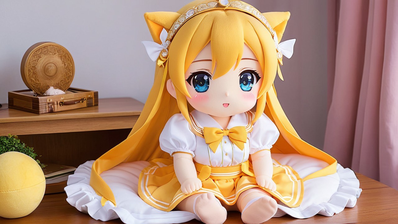 Plush Doll with Golden Hair and Cat Ears on Table