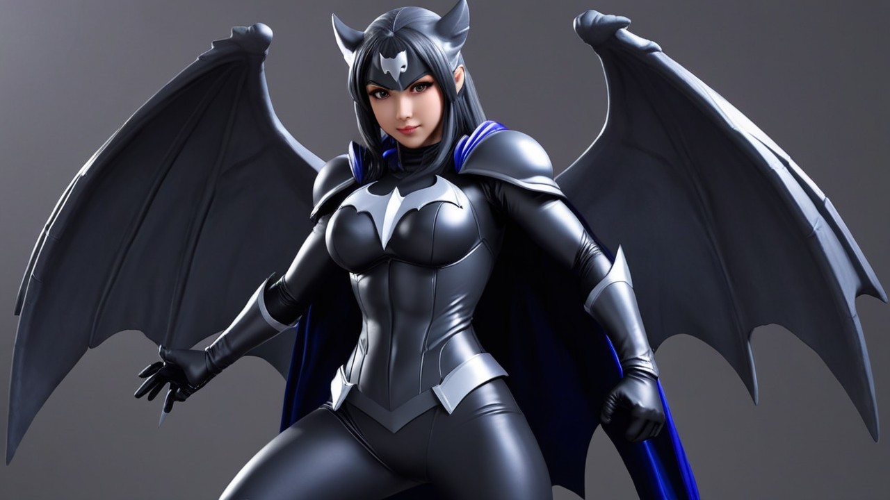 Female superhero with bat wings in sleek black suit