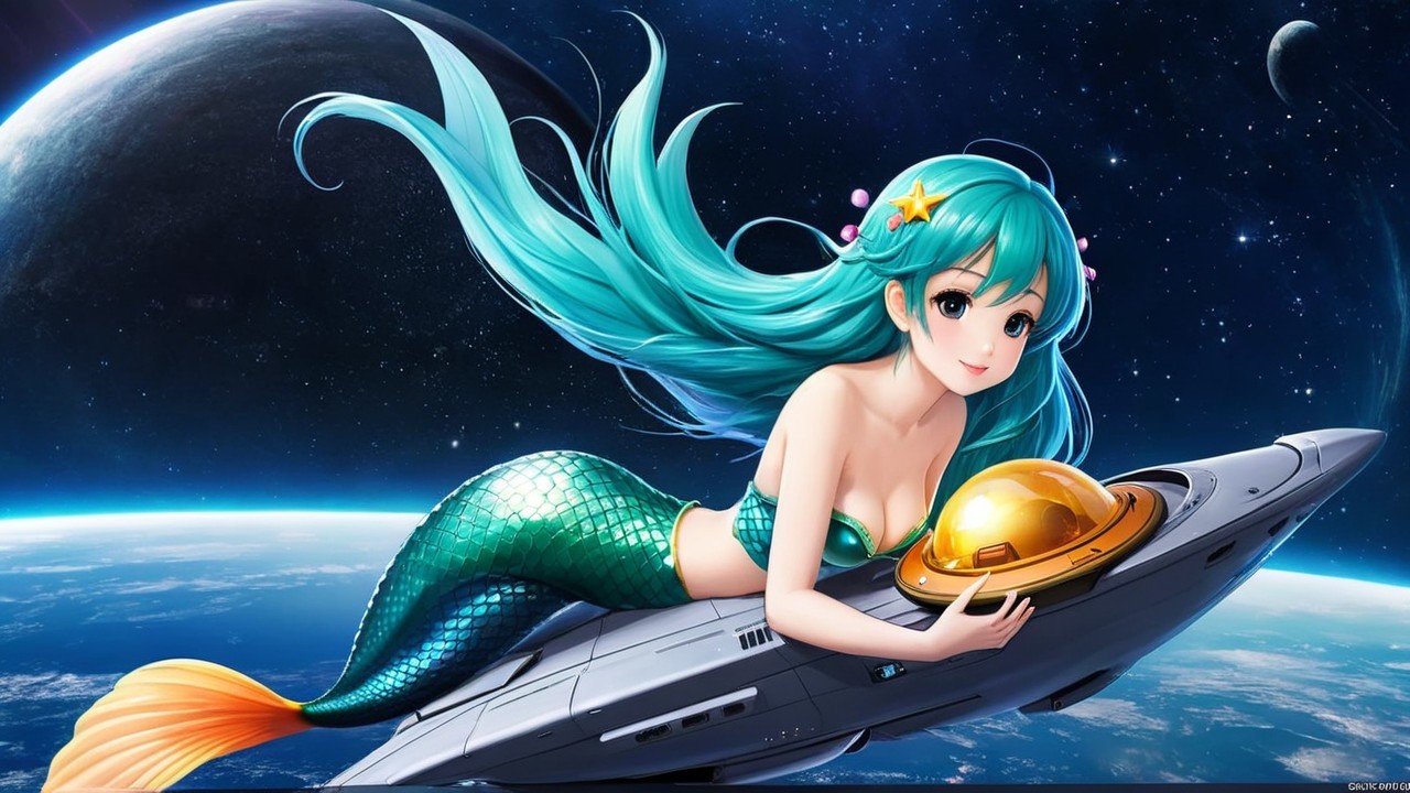 Mermaid on Futuristic Spacecraft with Cosmic Background