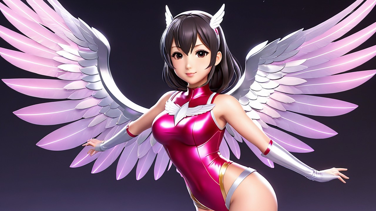 Stylized character with iridescent wings and metallic outfit