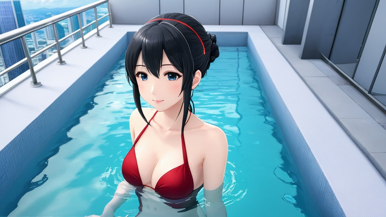 Young Woman in Rooftop Pool with Cityscape View