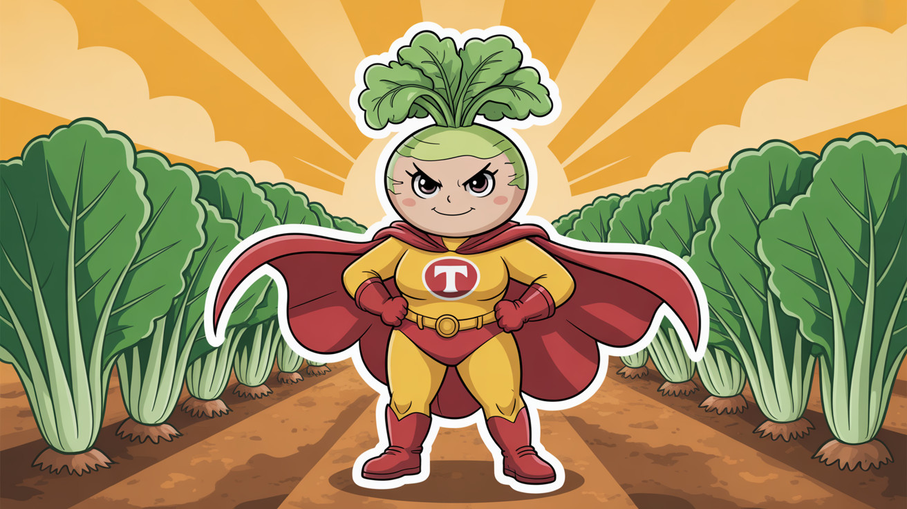 Cartoon superhero character with turnip head in field