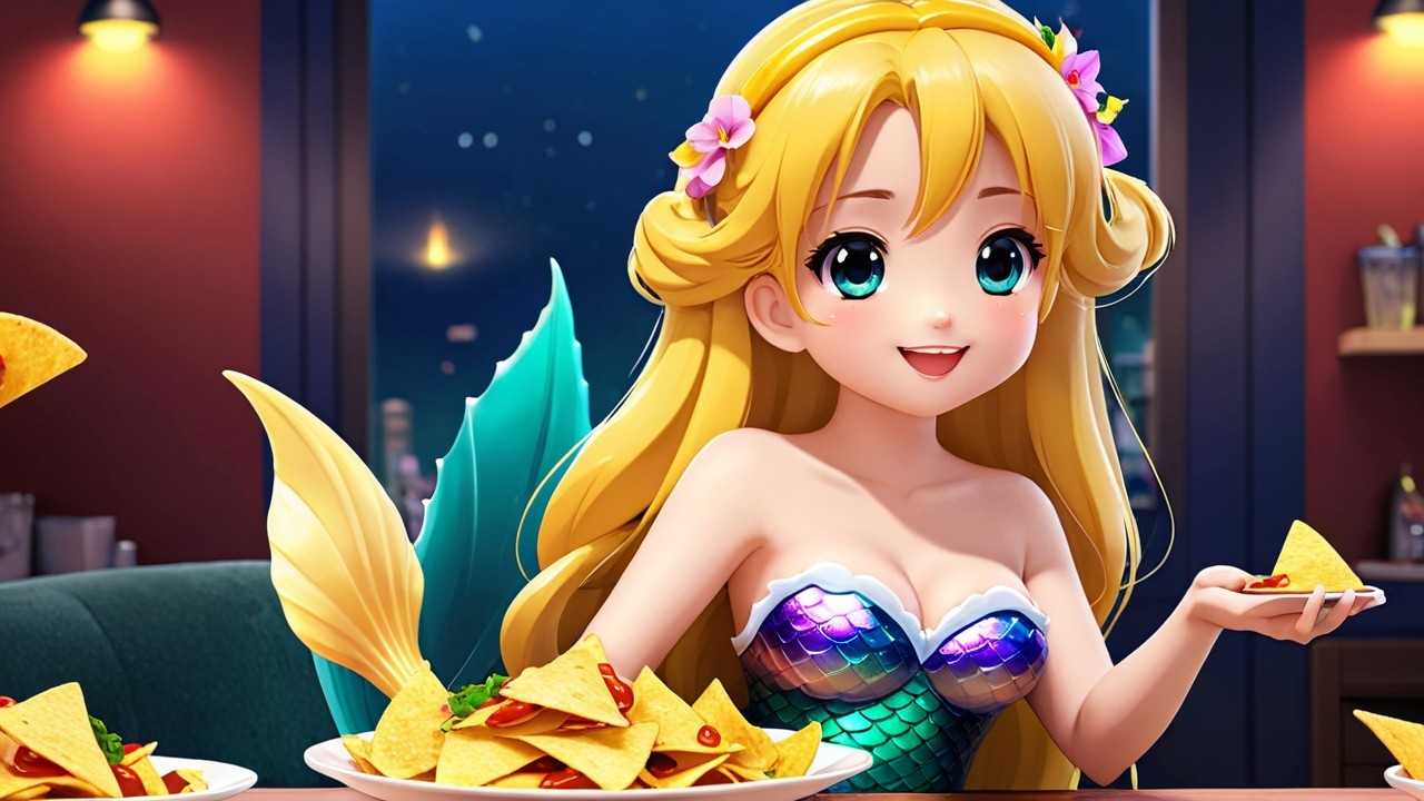 Cheerful Mermaid Enjoying Nachos in Cozy Setting