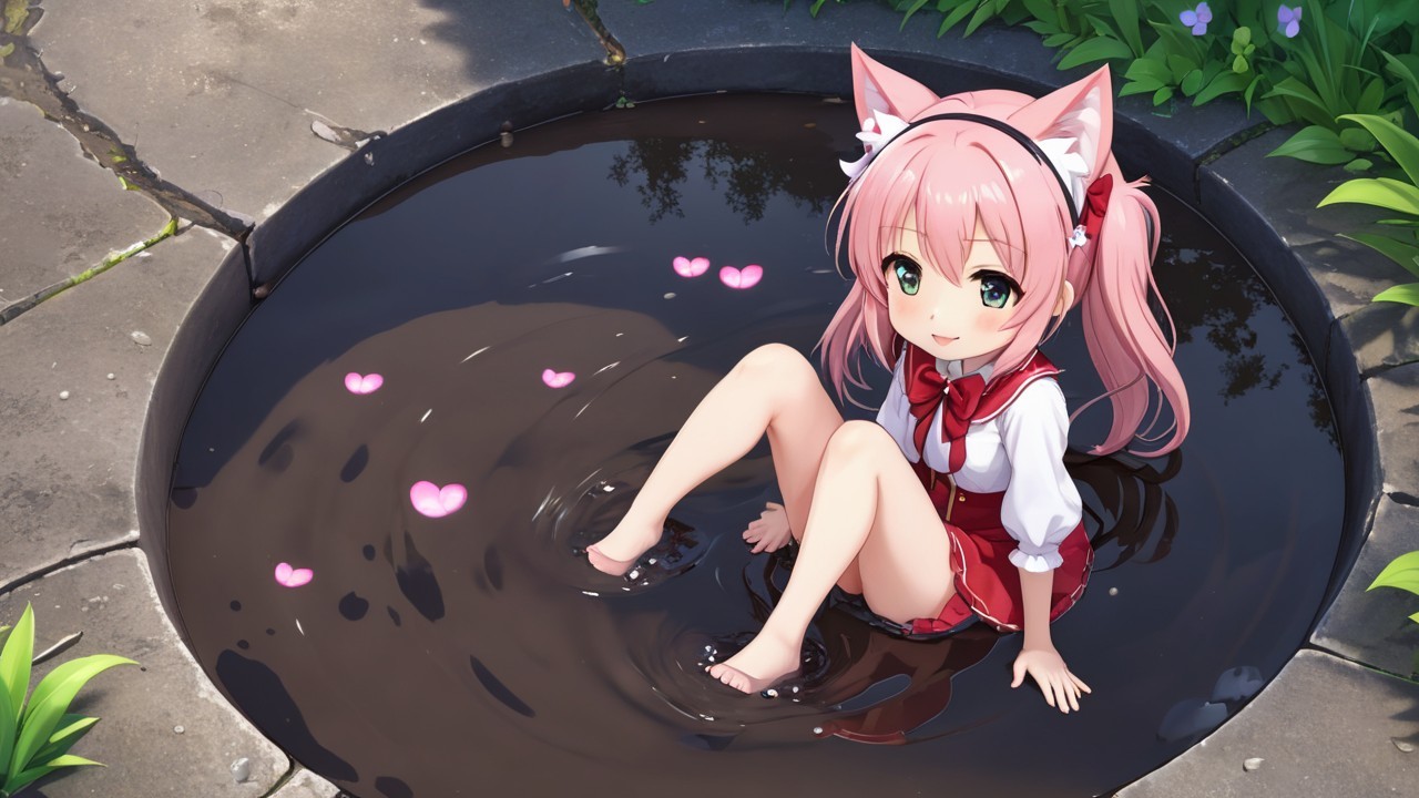 Cheerful anime girl in pond with pink hair and cat ears