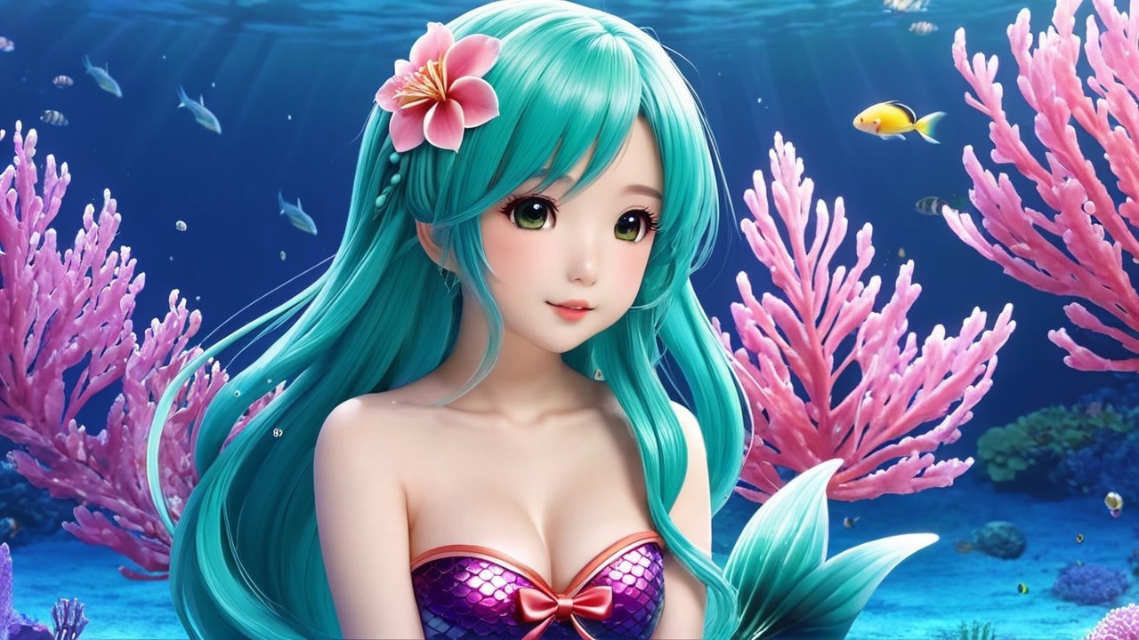 Vibrant Underwater Scene with Mermaid and Coral Reef