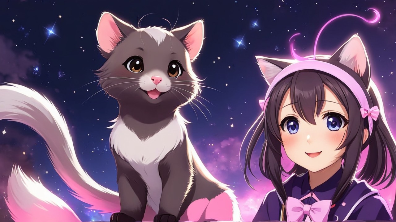 Cheerful Girl with Cat in Whimsical Starry Scene