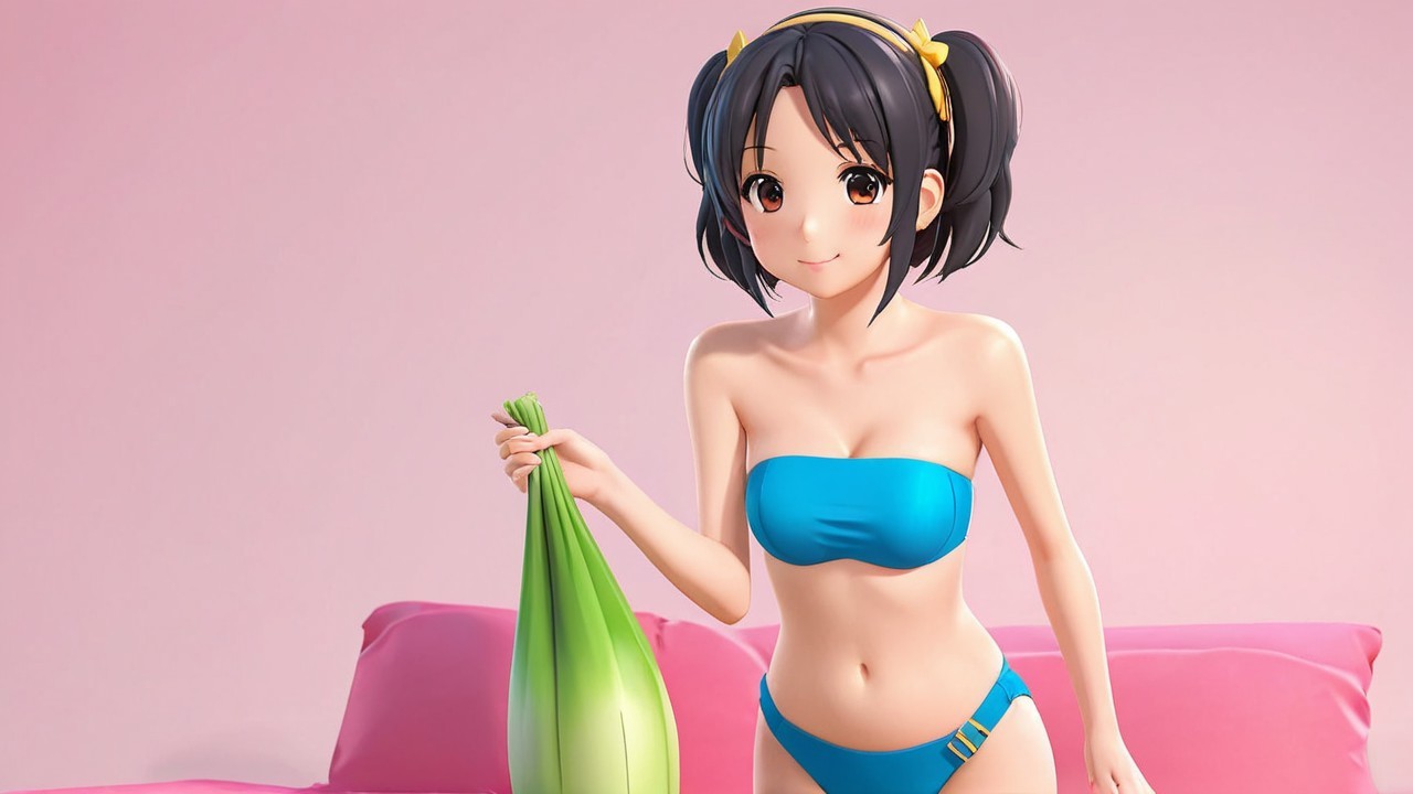Cheerful animated character with green vegetable in bikini