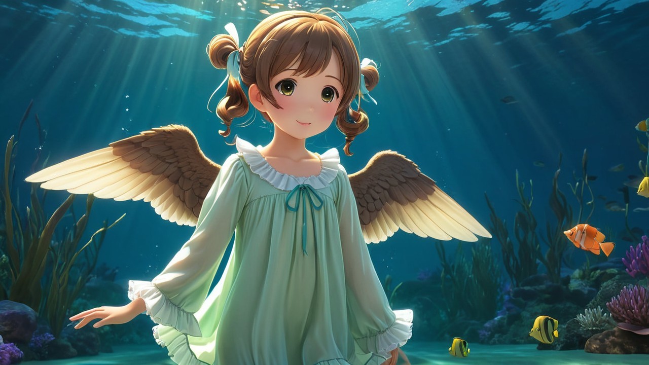 Young girl with wings in vibrant underwater scene