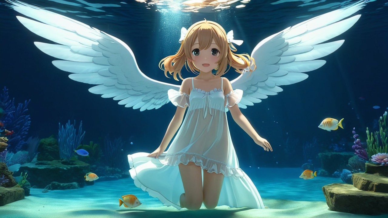 Underwater Scene of a Girl with Angelic Wings
