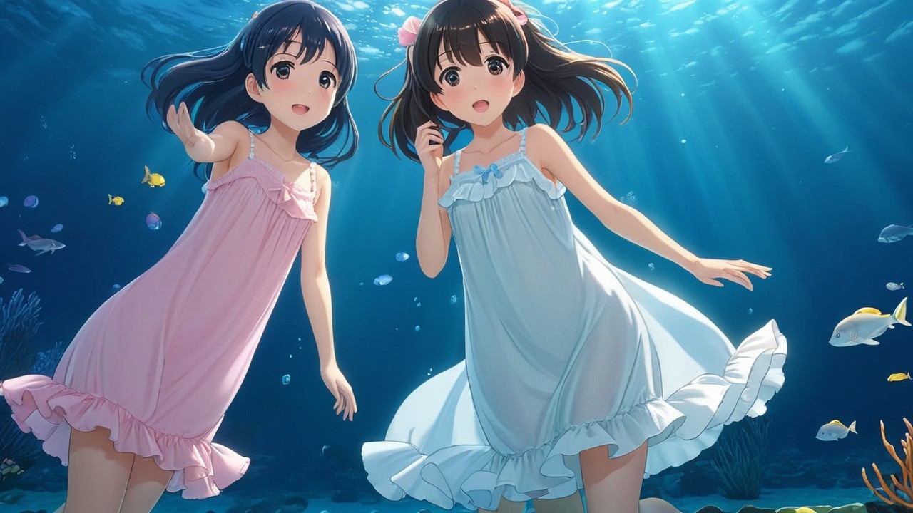 Underwater Scene with Girls in Pastel Nightgowns