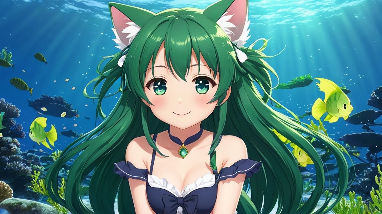 Underwater Scene with Cheerful Girl and Colorful Fish