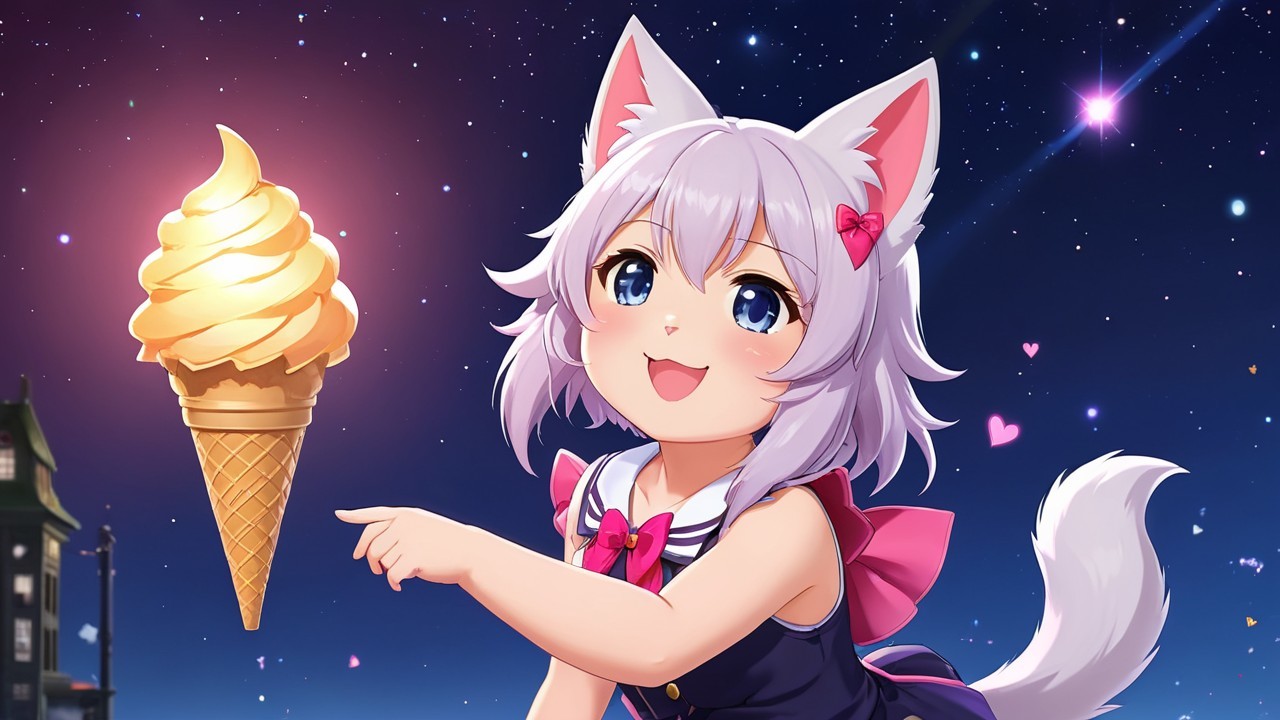 Anime Girl with Cat Ears by Ice Cream Cone at Night