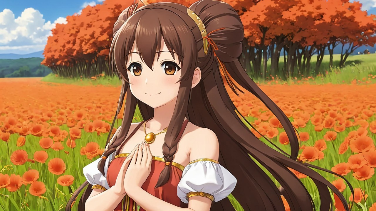Young girl in medieval dress in vibrant flower field