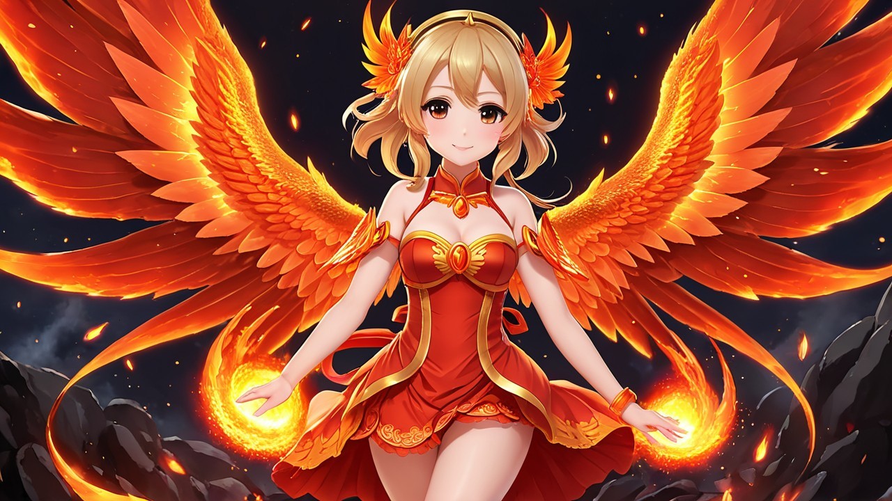 Fantastical character with fiery aura and orange wings