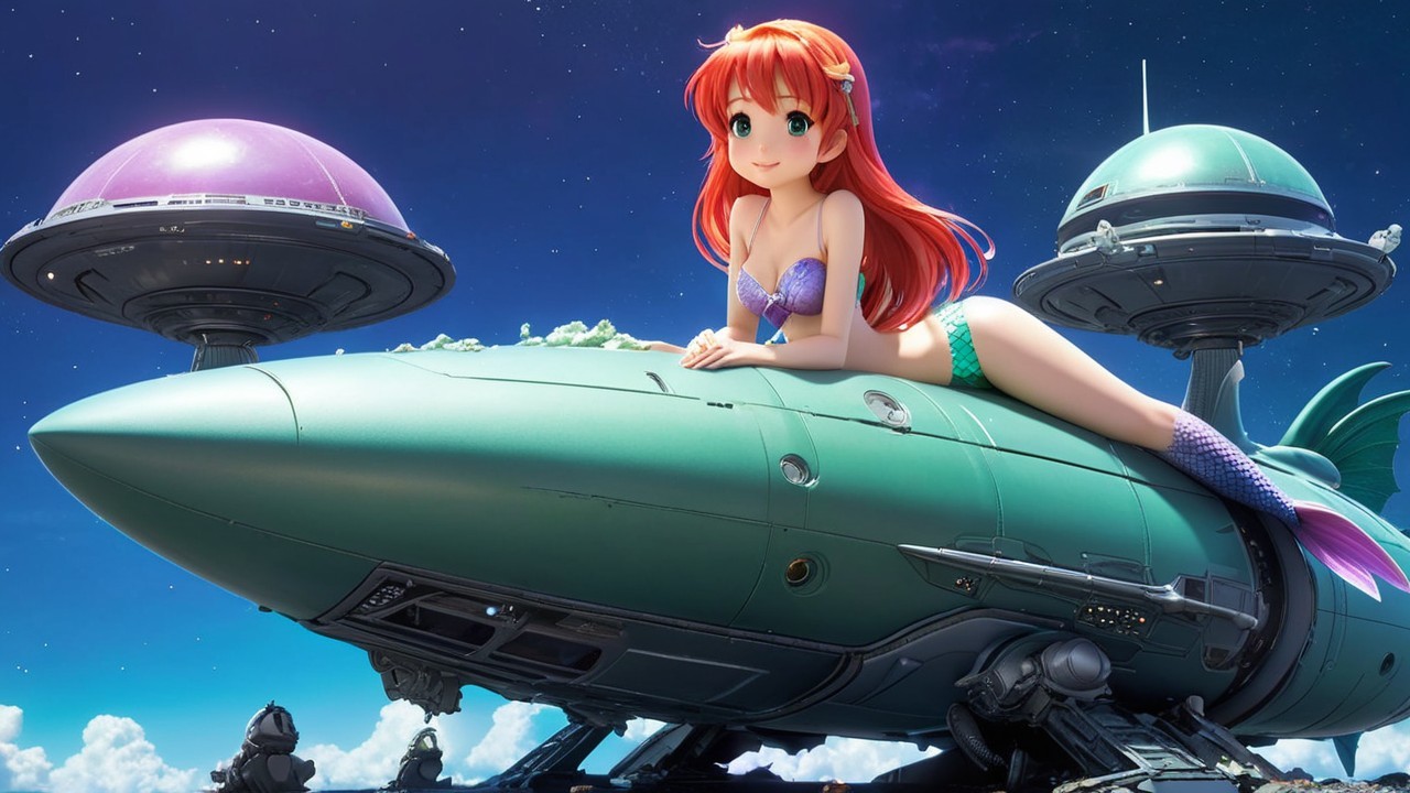 Cheerful mermaid on green rocket in vibrant sky