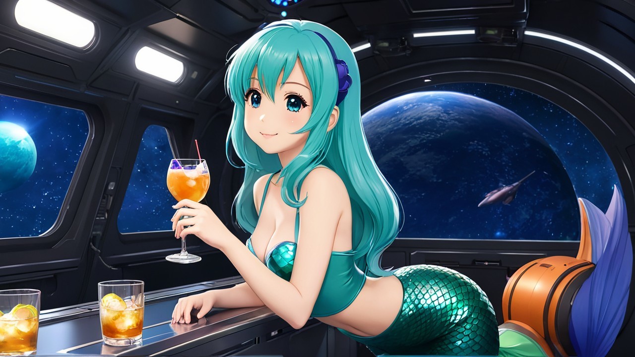 Anime-style mermaid in futuristic spaceship illustration