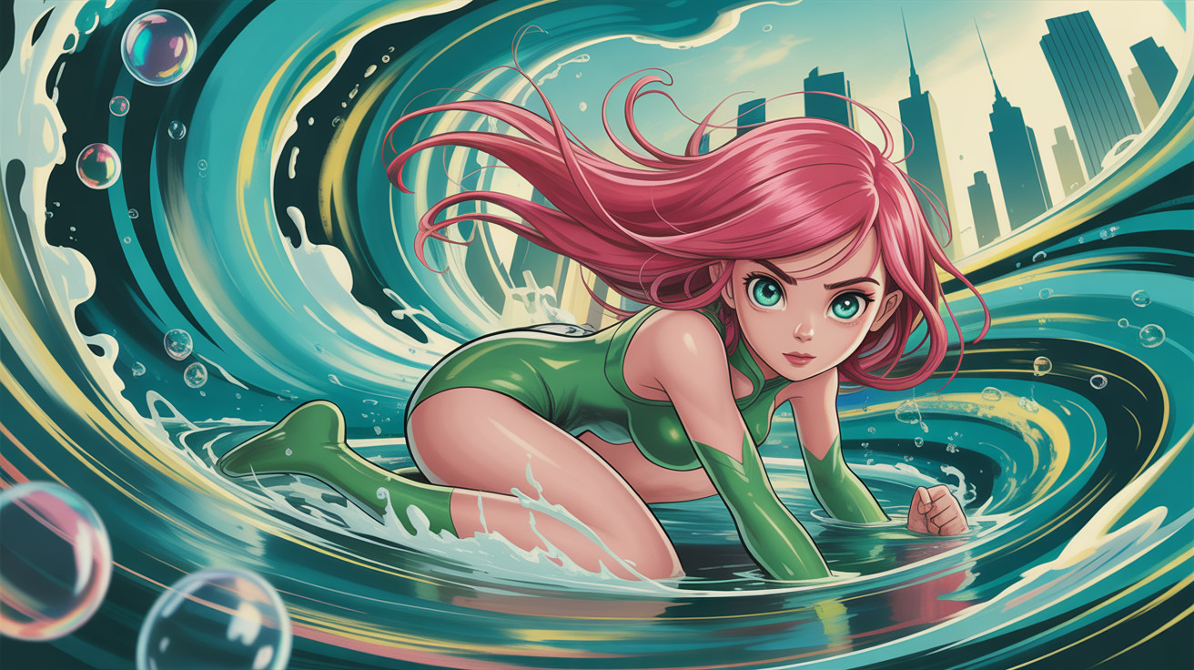 Anime-style young woman in green swimsuit in water