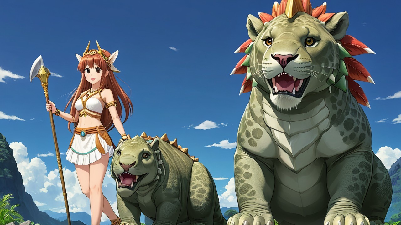 Heroic girl with spear in vibrant landscape with lions