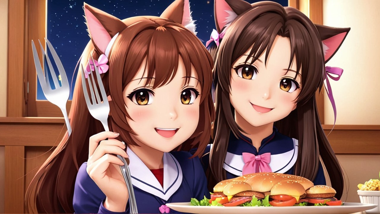 Anime Characters with Cat Ears in Cozy Room Setting