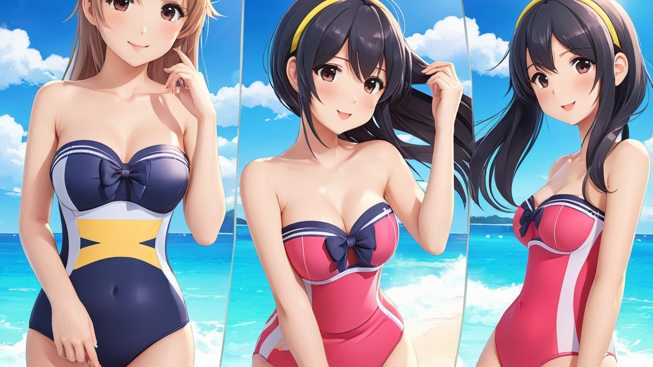 Three Animated Characters in Stylish Swimwear at Beach