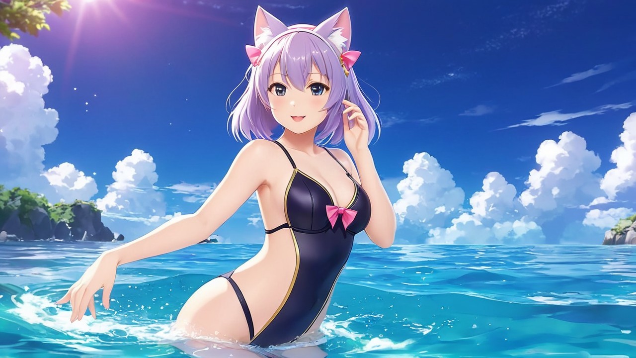 Anime girl with purple hair in turquoise water scene