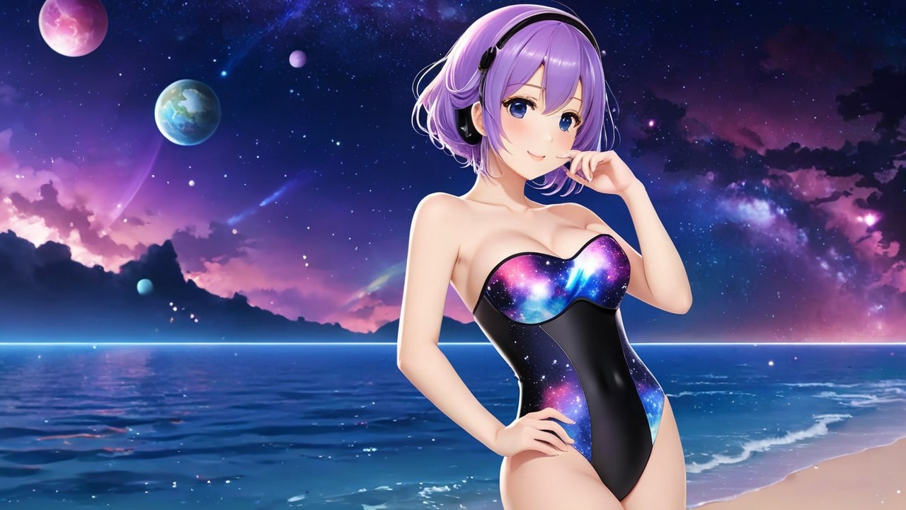 Anime Character in Galaxy Swimsuit on Beach Scene