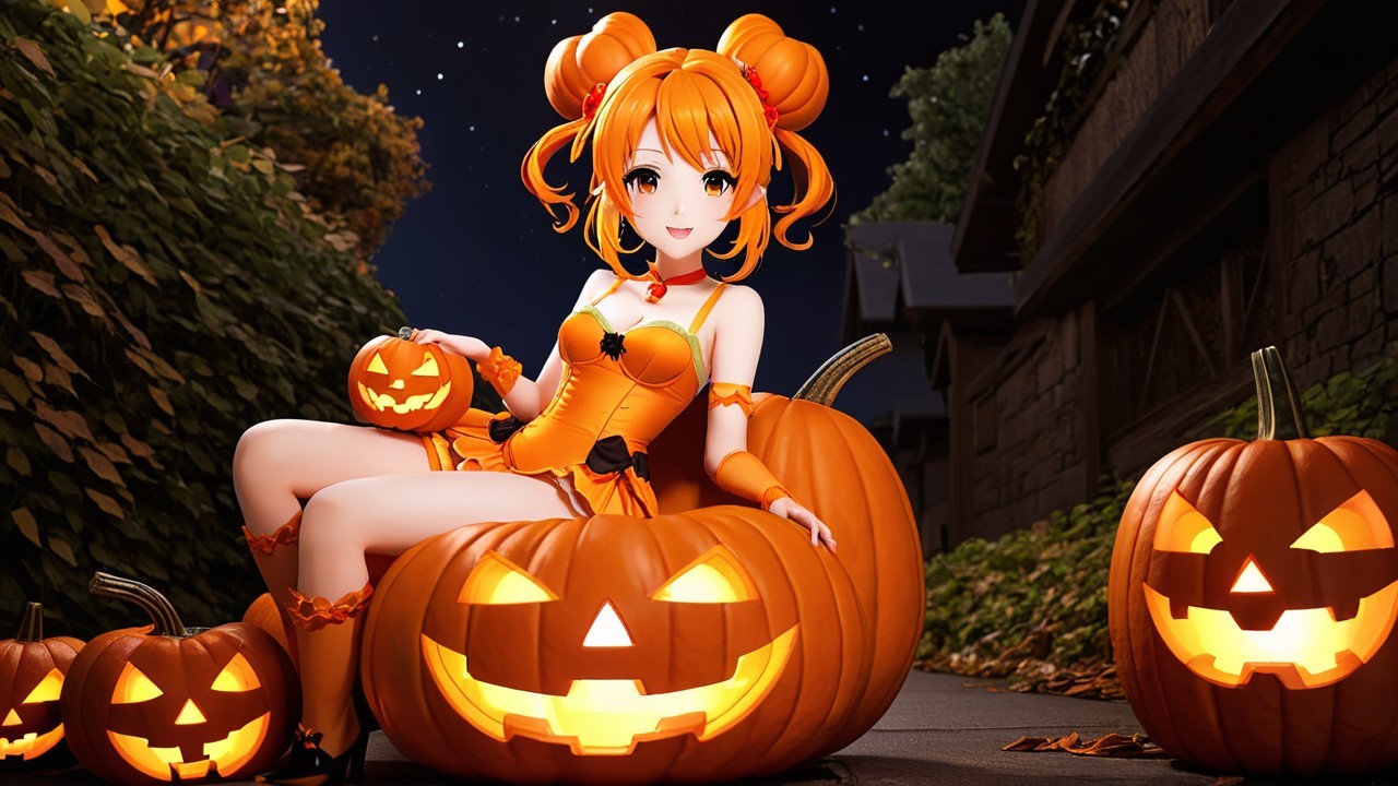 Vibrant Halloween Character Among Glowing Pumpkins