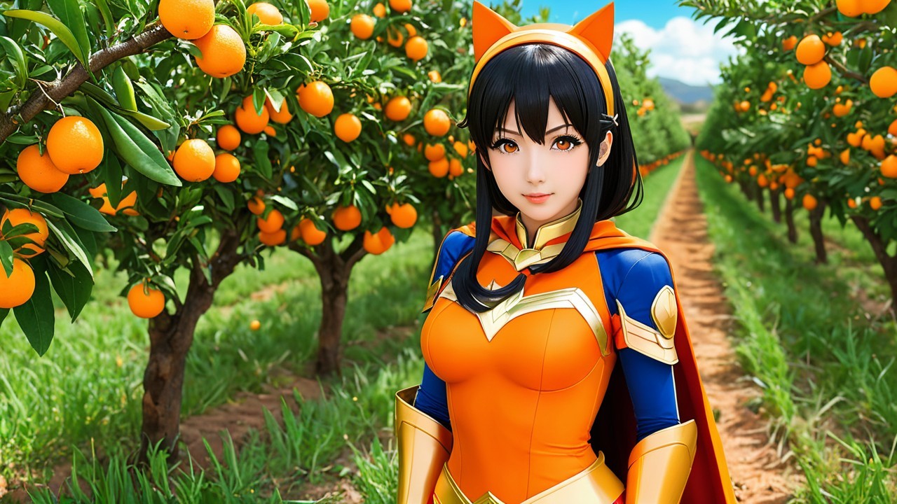 Vibrant Anime Character in Orange Orchard Setting